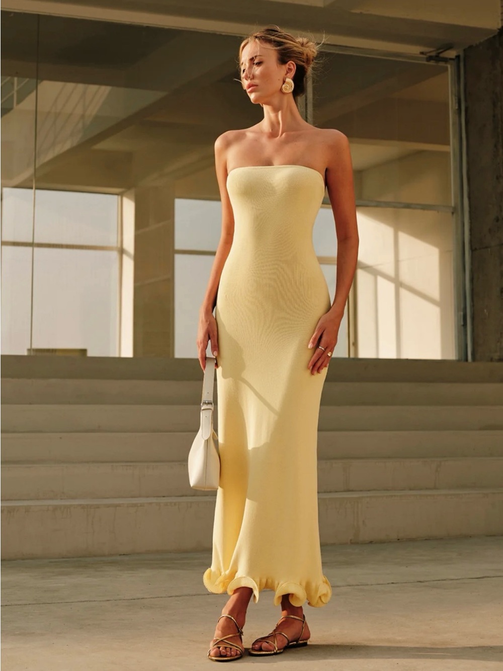 Commense Cold-Shoulder Knit Ruffle Strapless Yellow Bodycon Maxi Dress size L